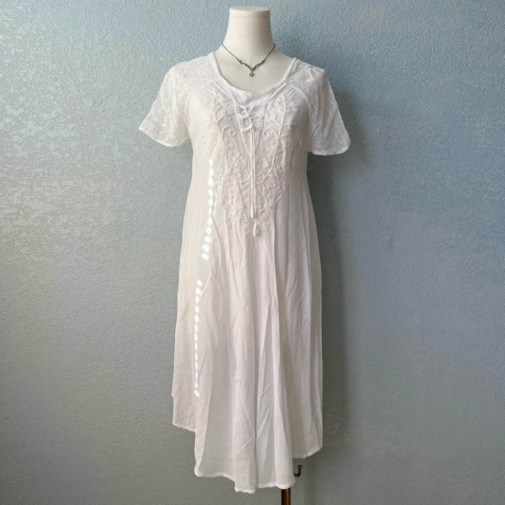 Cute Options Boho White Embroidered Dress Short Sleeve Lace Up Free Size